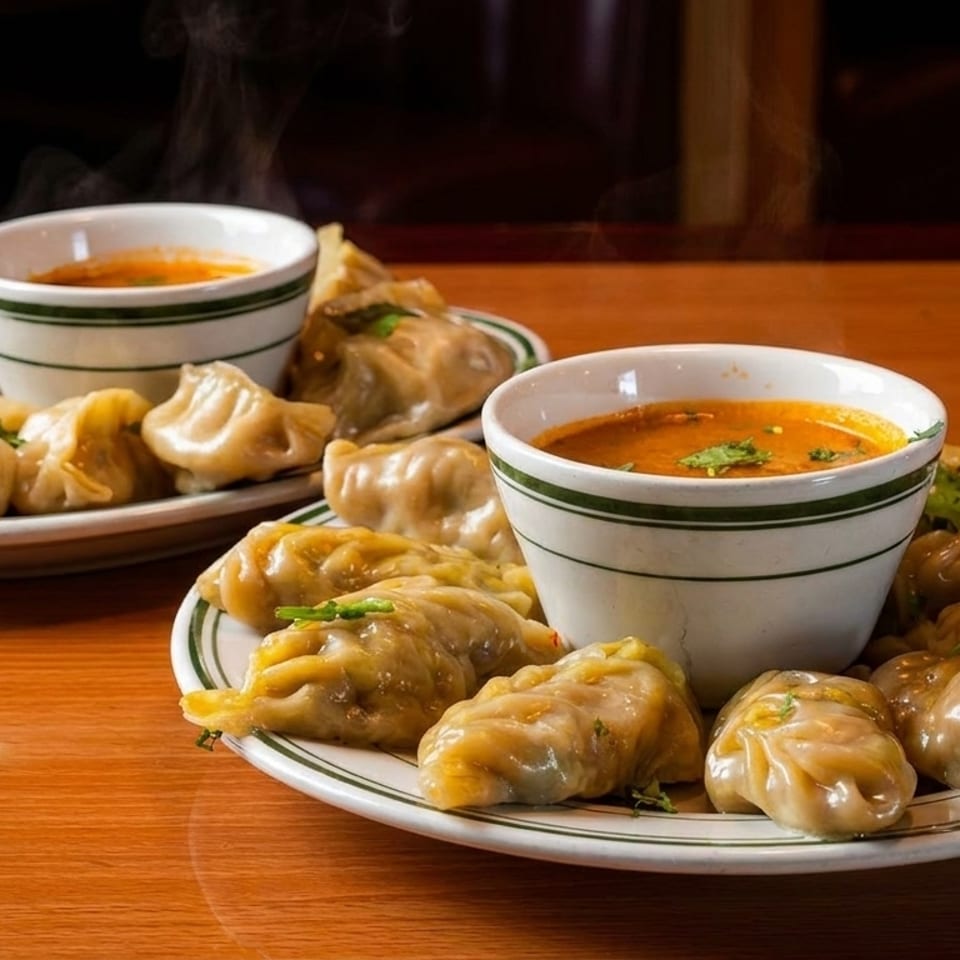 Two plates of steaming momo dumplings with dipping sauce on a wooden table.
