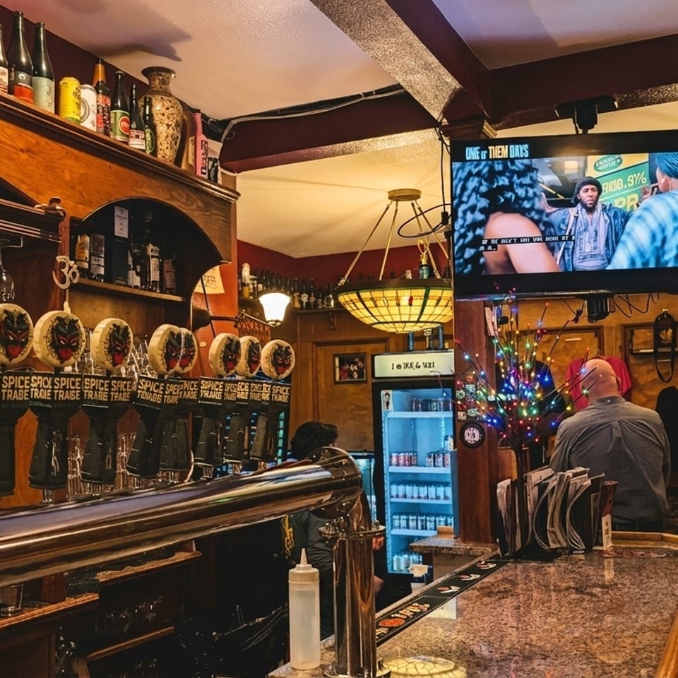 A cozy bar interior with beer taps, bottles on shelves, and a TV screen showing a movie.
