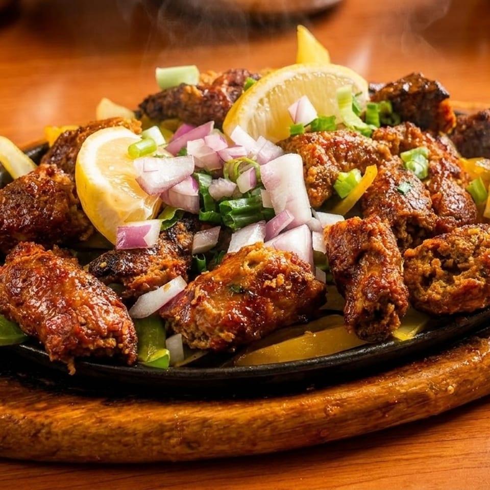 Sizzling platter of spicy kebab pieces with onions, bell peppers, and lemon wedges on a wooden board.