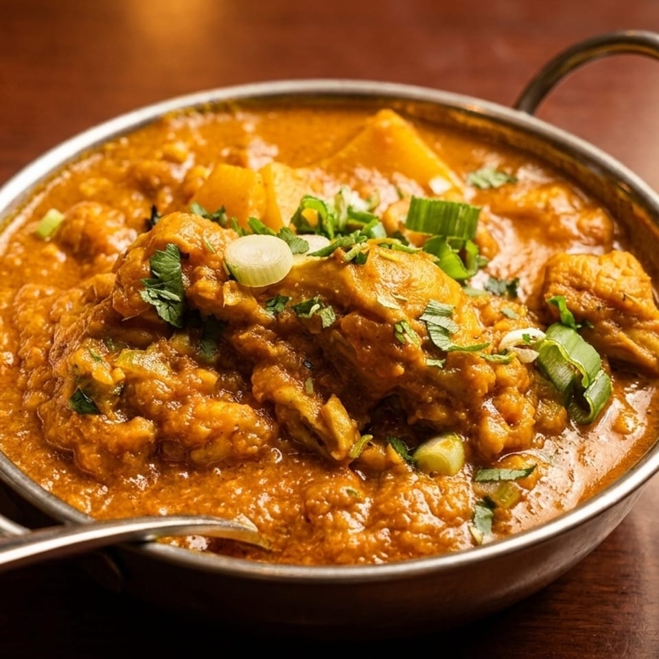 Chicken curry in a metal bowl, garnished with fresh cilantro and green onions.